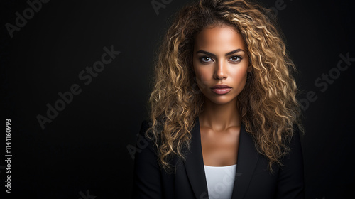 Elegant portrait of a mixed race woman with curly hair in a formal outfit against a dark background