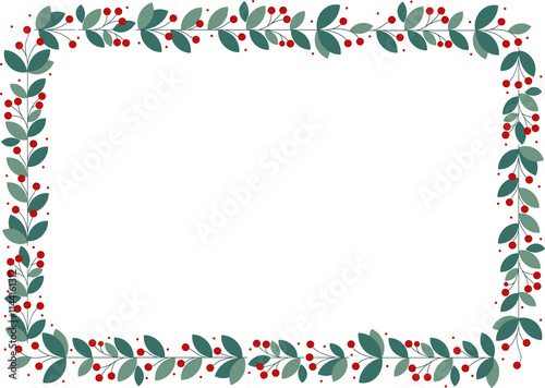Rectangular Wreath Frame With Beautiful Red Cherry Berries And Green Leaves