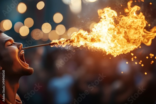 Fire breather captivates audience with an awe-inspiring performance during a nighttime festival celebration