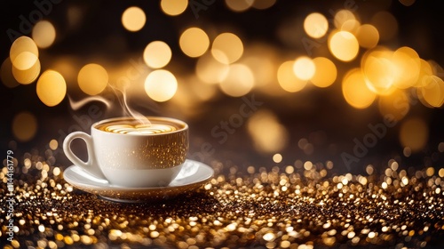 Beautiful festive background with a cup of coffee, bokeh and glitter in the background
