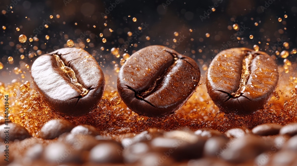 Roasted coffee beans levitating over ground coffee with splashes. Roasted coffee beans levitating over ground coffee with splashes.