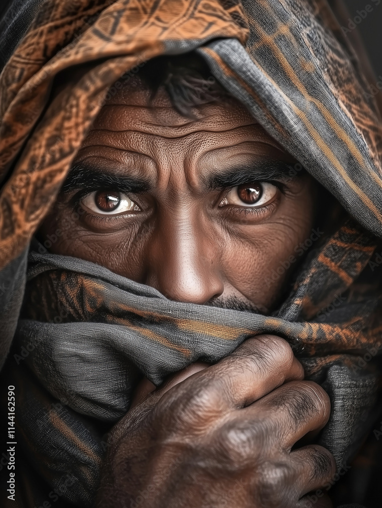 Portrait of a Black person in traditional outfit with a striking expression and detailed garment Portrait of a Black person in traditional outfit with a striking expression and detailed garment