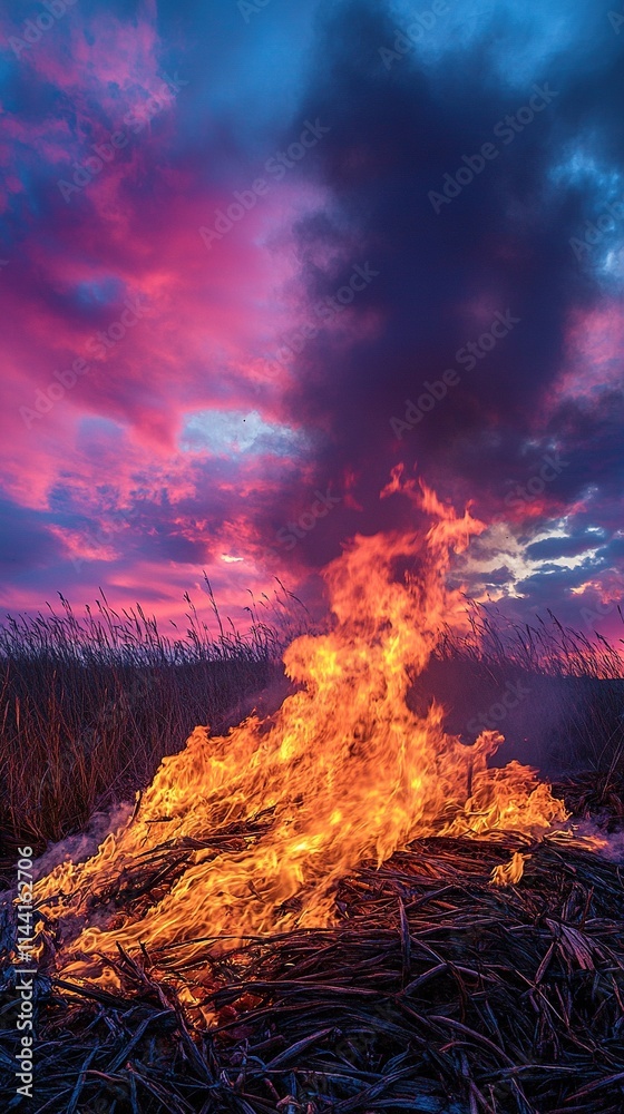 Bonfire burning brightly under a vibrant sunset sky. Bonfire burning brightly under a vibrant sunset sky.