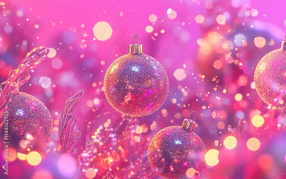 A vibrant pink background with glittery ornaments and glowing fairy lights A vibrant pink background with glittery ornaments and glowing fairy lights