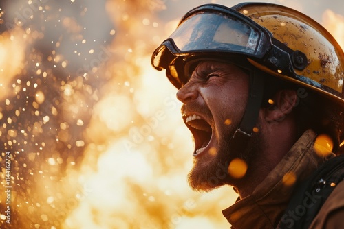 Firefighter battling flames with determination during a blazing inferno at dusk photo