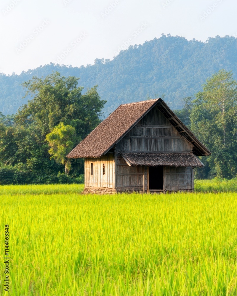 Rustic wooden house in a vibrant green rice paddy field with mountains in the background. Rustic wooden house in a vibrant green rice paddy field with mountains in the background.