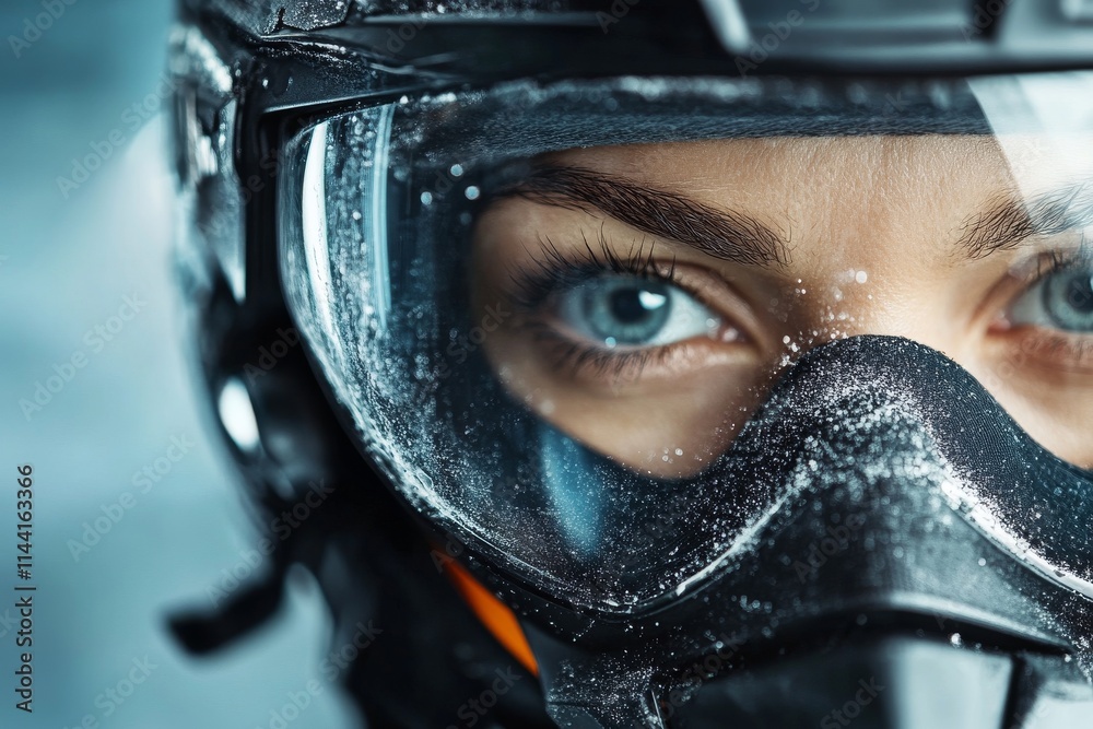 Close-up of a skier's eyes and helmet in snowy mountain conditions during winter sports activities Close-up of a skier's eyes and helmet in snowy mountain conditions during winter sports activities