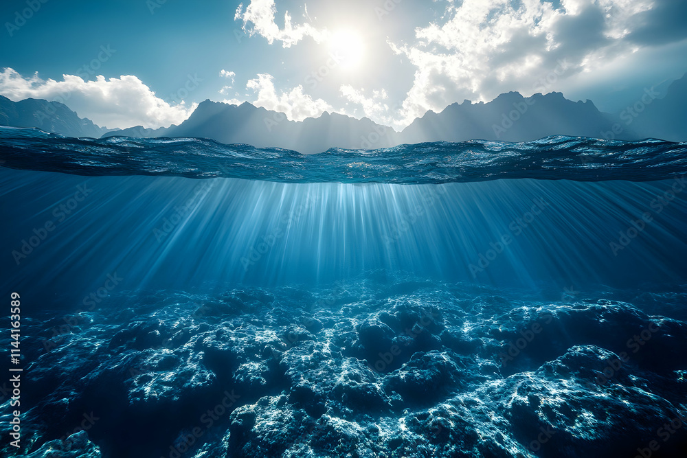 Fototapeta premium Beautiful Sun Rays Penetrating Deep Into the Ocean, Lighting Up the Tranquil Seafloor. Generative AI