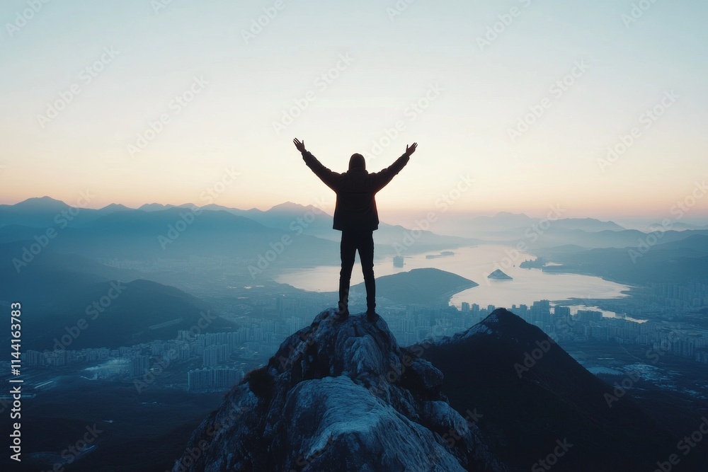 Mountain climber celebrates at sunrise overlooking a valley and cityscape in South Korea Mountain climber celebrates at sunrise overlooking a valley and cityscape in South Korea