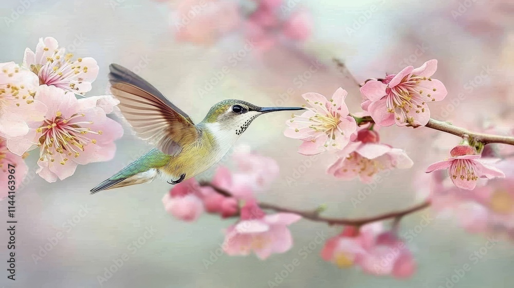 Hummingbird in Flight. Graceful bird near blooming sakura, springtime delicate floral scene. Hummingbird in Flight. Graceful bird near blooming sakura, springtime delicate floral scene.