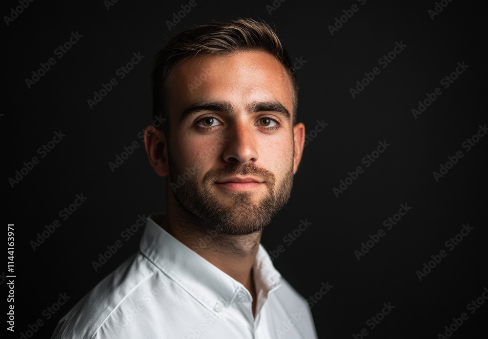 Male Portrait in Studio Setting: Intense Gaze Against Dark Background, Showcasing Confidence and Charisma in Modern Professional Attire for Stock Photography Use Male Portrait in Studio Setting: Intense Gaze Against Dark Background, Showcasing Confidence and Charisma in Modern Professional Attire for Stock Photography Use