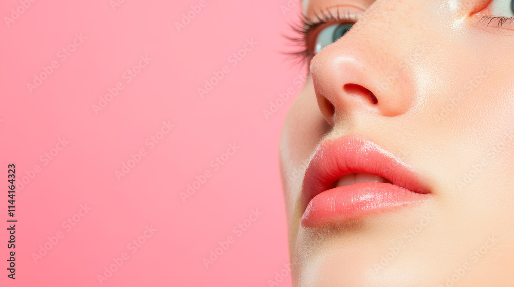 Close-up view of model's face showcasing radiant skin against a pink backdrop Close-up view of model's face showcasing radiant skin against a pink backdrop