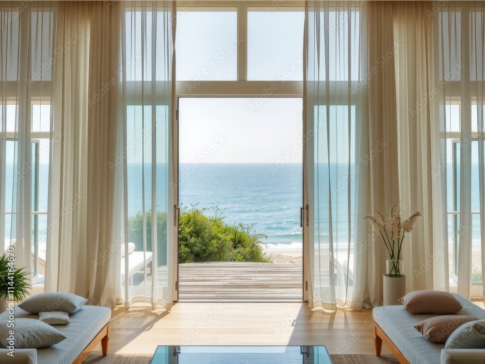 A large open living room with a view of the ocean. The curtains are white and the room is filled with natural light. There are two couches and a coffee table in the room