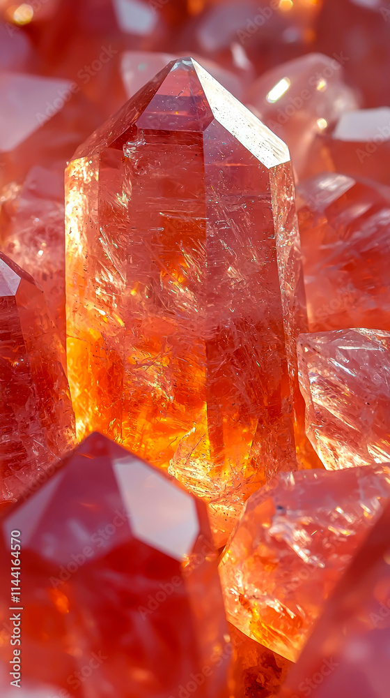 Close-up of lustrous, reddish-orange quartz crystals with sharp facets and internal reflections. Close-up of lustrous, reddish-orange quartz crystals with sharp facets and internal reflections.