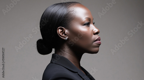 Portrait of a confident Black woman in professional attire, showcasing elegance and strength