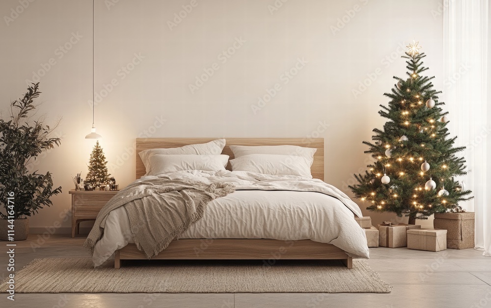 Naklejka premium A contemporary bedroom with a light wood bedframe, neutral linens, and a small Christmas tree glowing softly in the corner