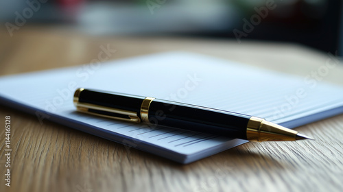 Elegant pen resting on a notepad in a modern office setting during daylight hours