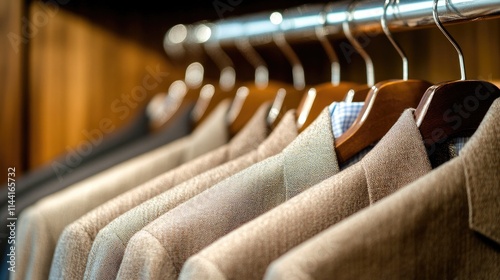 Jackets of light shades hang on a hanger in a row in the closet