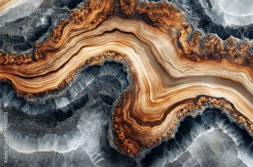 A top view of a complex abstract pattern reminiscent of the cross-sections and veins of agate or jasper. The design features swirling patterns with dark gray tones, as well as white, brown, and gray. photo