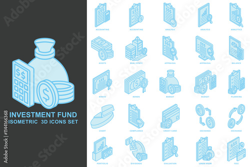 Investment fund isometric 3D icons set. contain assets, bonds, real estate, credit card, budget, dividends and more. use for modern concept, print, UI, UX kit, web and app development. Vector EPS 10