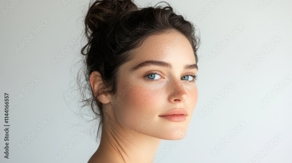 Woman with natural beauty poses elegantly against a soft background during daylight Woman with natural beauty poses elegantly against a soft background during daylight