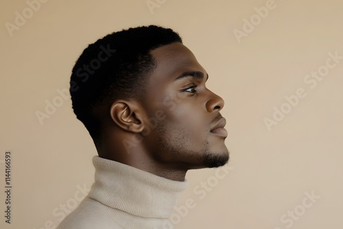 side profile of a black man with chiseled jawline, short curly hair, and turtleneck sweater in a neutral background