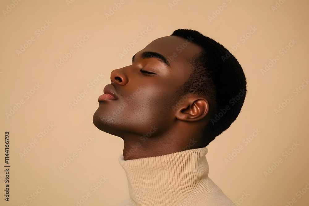 side profile of a black man with chiseled jawline, short curly hair, and turtleneck sweater in a neutral background side profile of a black man with chiseled jawline, short curly hair, and turtleneck sweater in a neutral background