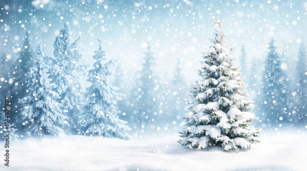 Snow-covered landscape with a decorated Christmas tree under a snowy sky Snow-covered landscape with a decorated Christmas tree under a snowy sky