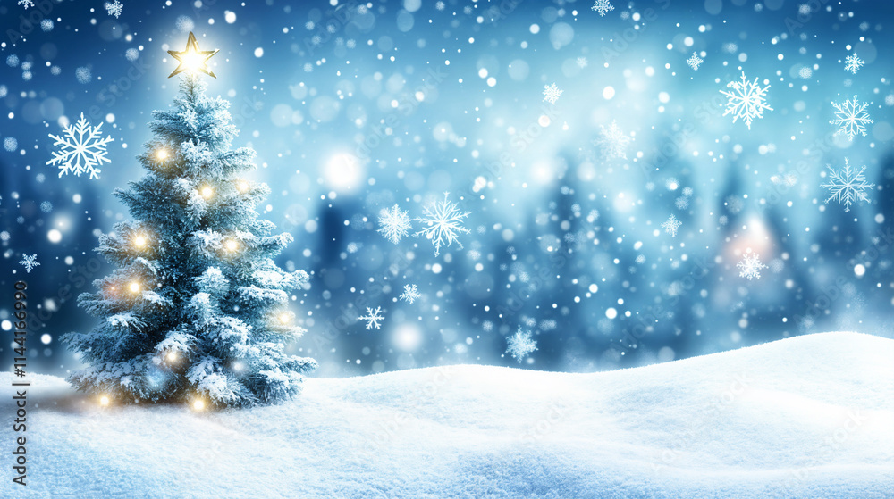 Snow-covered landscape with a Christmas tree adorned with lights and snowflakes Snow-covered landscape with a Christmas tree adorned with lights and snowflakes