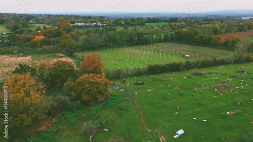 Aerial footage of the agricultural fields in the rural outskirts of Tonbridge town, England, UK photo