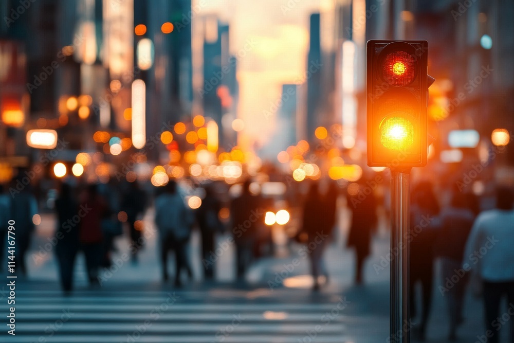 Fototapeta premium Busy urban intersection at sunset with pedestrians crossing and traffic lights changing colors