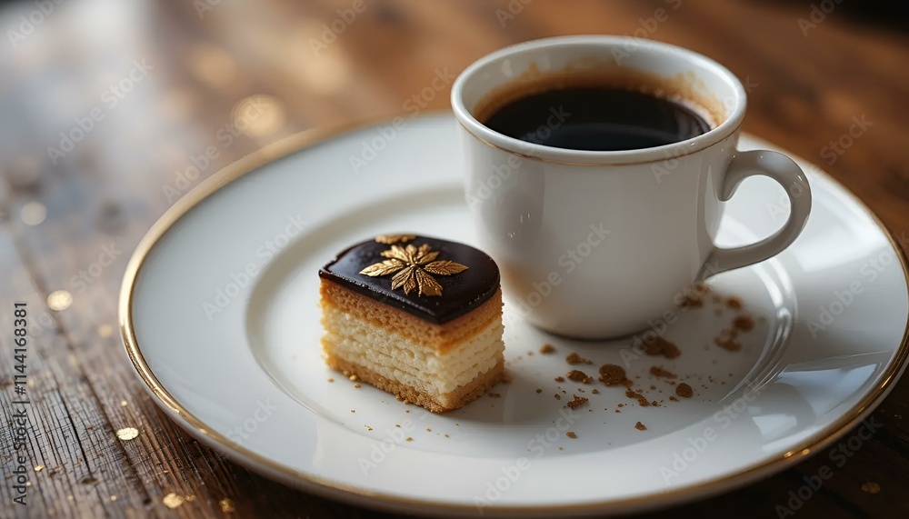 Elegant coffee with a layered cake slice on a white plate, served on a wooden table, dessert photography concept Elegant coffee with a layered cake slice on a white plate, served on a wooden table, dessert photography concept