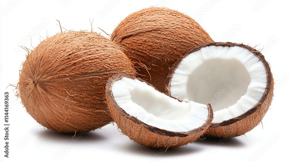Coconut: A whole coconut with a rough brown shell, showing some of the hairy outer texture, isolated against a white background. Coconut: A whole coconut with a rough brown shell, showing some of the hairy outer texture, isolated against a white background.