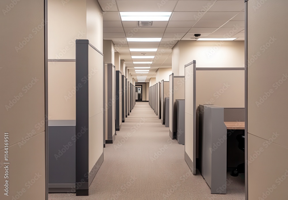 Modern office design with long corridor featuring cubicles, bright lighting, and neutral colors creates a productive and organized work environment in corporate setting. Modern office design with long corridor featuring cubicles, bright lighting, and neutral colors creates a productive and organized work environment in corporate setting.