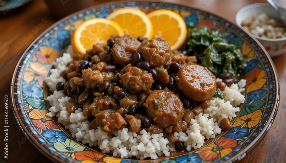 Hearty chicken stew with black beans served over couscous, garnished with orange slices, vibrant presentation, food photography Hearty chicken stew with black beans served over couscous, garnished with orange slices, vibrant presentation, food photography