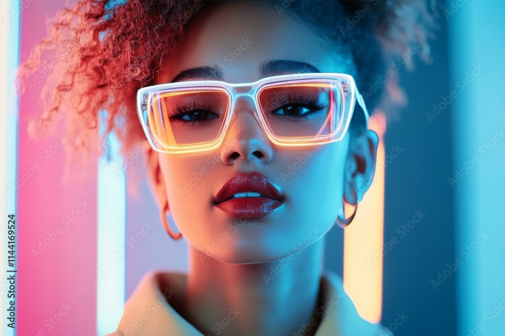 Young woman wearing neon glasses poses confidently in a colorful lighting setup during a creative photo session Young woman wearing neon glasses poses confidently in a colorful lighting setup during a creative photo session