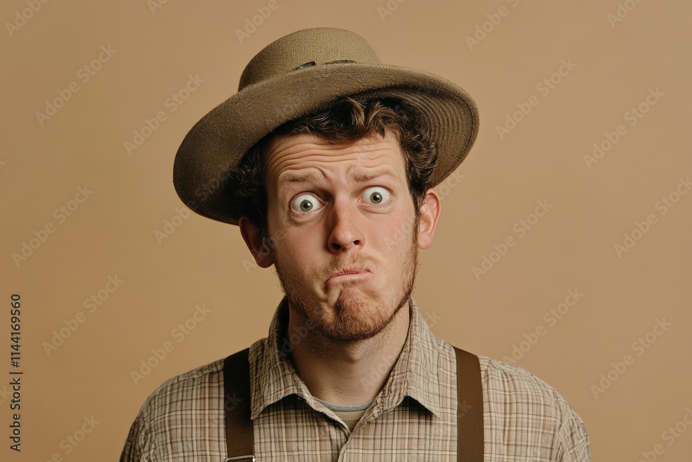 A man with a surprised expression, wearing a hat and suspenders against a plain background. A man with a surprised expression, wearing a hat and suspenders against a plain background.