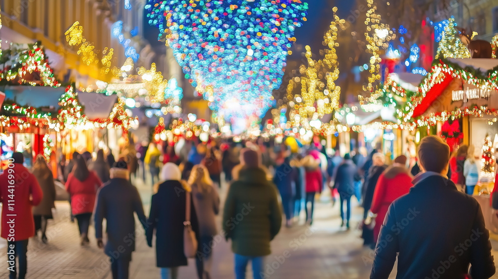 Blurred festive winter crowd enjoying holiday lights and markets in a lively city street Blurred festive winter crowd enjoying holiday lights and markets in a lively city street