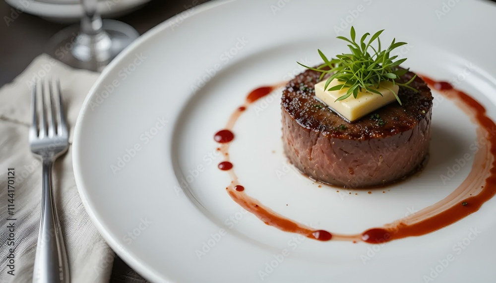 grilled beef filet with herb butter and sauce on a gourmet plate grilled beef filet with herb butter and sauce on a gourmet plate