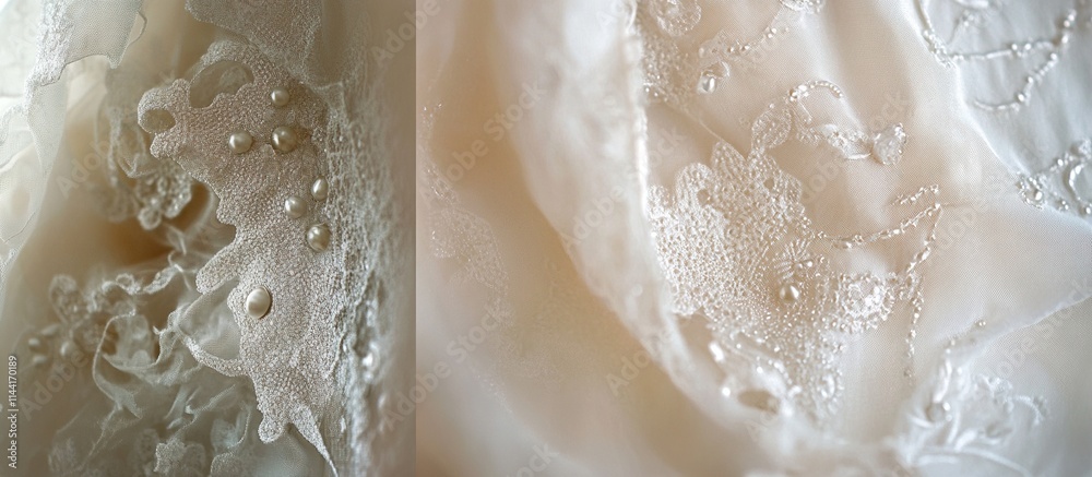 Close-up of delicate lace fabric with pearls. Close-up of delicate lace fabric with pearls.