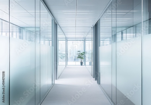 Modern office interior featuring a sleek corridor with glass walls, natural lighting, and minimalistic design elements promoting a creative and productive workspace atmosphere.