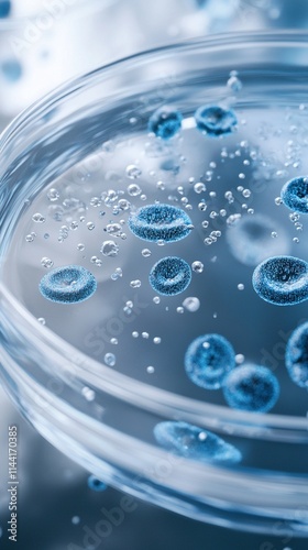Close-up of petri dish with liquid and cells.