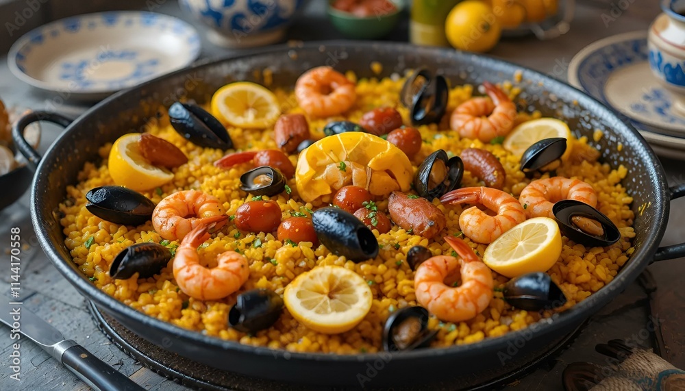 Paella with shrimp, mussels, chorizo, and lemon served in traditional pan on rustic table Paella with shrimp, mussels, chorizo, and lemon served in traditional pan on rustic table
