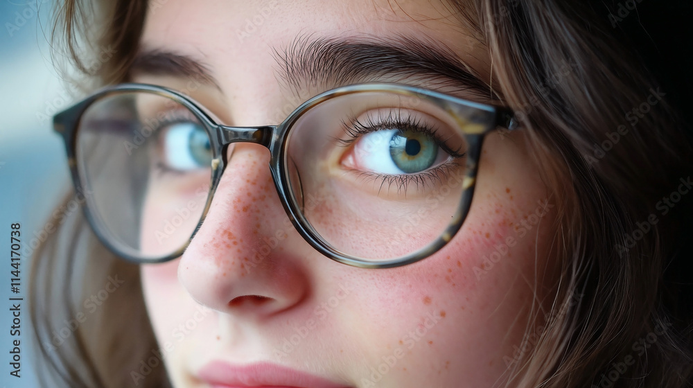 Close-up of a young person with glasses, showcasing thoughtful expression and striking features Close-up of a young person with glasses, showcasing thoughtful expression and striking features
