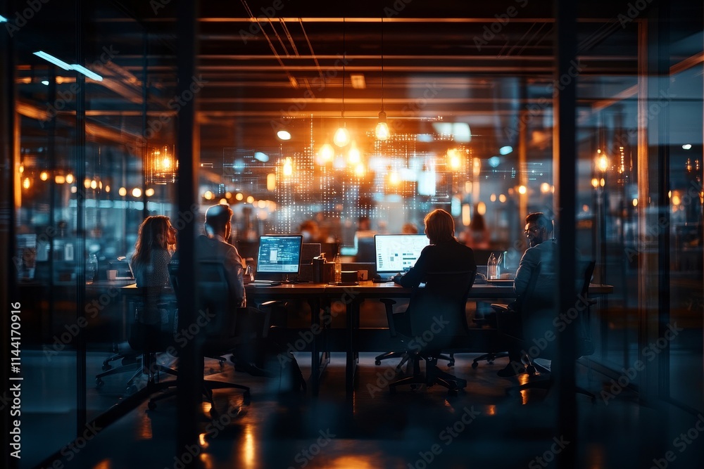 Office workers collaborate in a modern workspace during nighttime with illuminated screens and warm lighting Office workers collaborate in a modern workspace during nighttime with illuminated screens and warm lighting