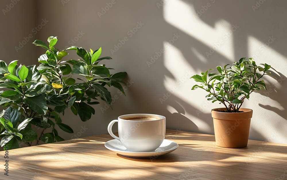 A cup of coffee sits on a wooden table between two potted plants, bathed in sunlight.