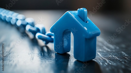 Blue house model attached to a chain on dark surface.
