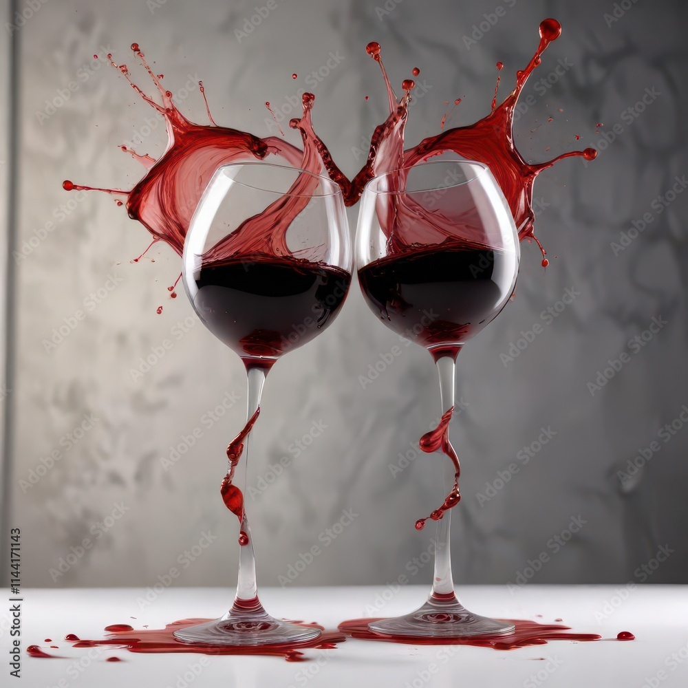 Fototapeta premium Two glasses of red wine, abstract heart-shaped splash , abstract, red wine, red liquid