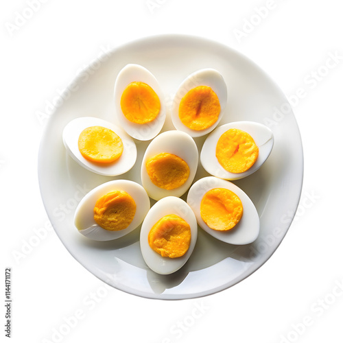 boiled eggs white plate top view isolated on transparent background