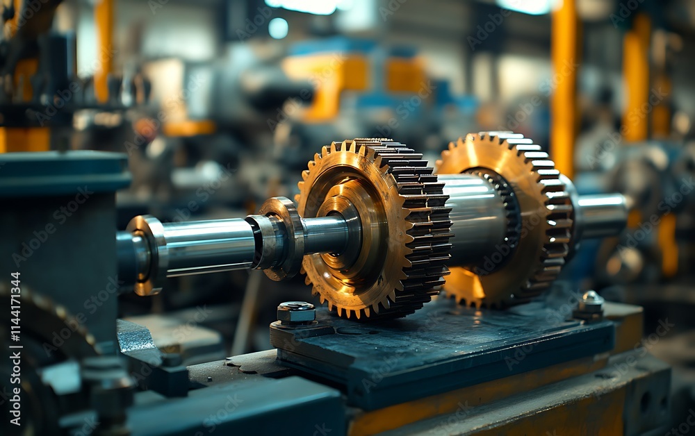 Close-up of industrial gear assembly on machinery in factory. Close-up of industrial gear assembly on machinery in factory.
